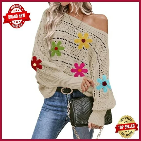 Oversized Off Shoulder Knit Sweater Batwing Sleeve Crochet Pullover - Picture 2 of 8